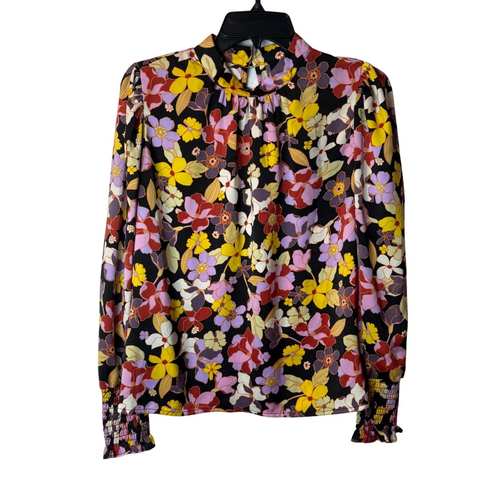 Who What Wear Black Floral Mock Neck Top Smocked Cuffs Dark Floral‎ Womens M